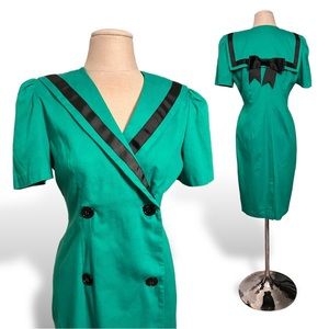 80s Vintage Green Sailor Dress with Black Bow & Ribbon Border Bib David Mitchell